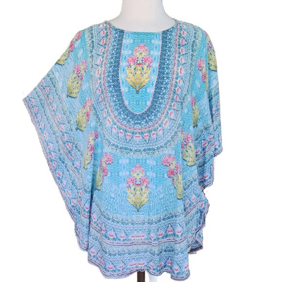 Tolani Narissa Boho Caftan Tunic Top Small Aqua Blue Pink Floral - Picture 2 of 8